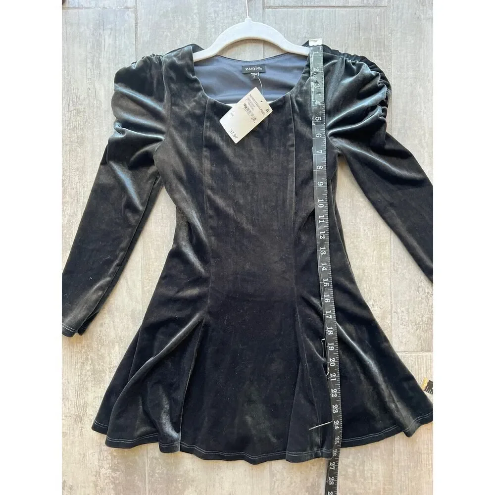 ZUNIE Kids Shirred Puff Sleeve Dress Big Girl Velvet Velour Swing Twist Gray 7